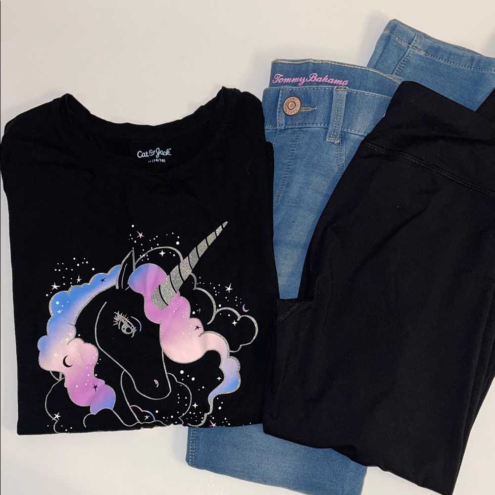 Black Unicorn Tee 3 pack, long sleeve, black leggings/ jean leggings kids 12/XL